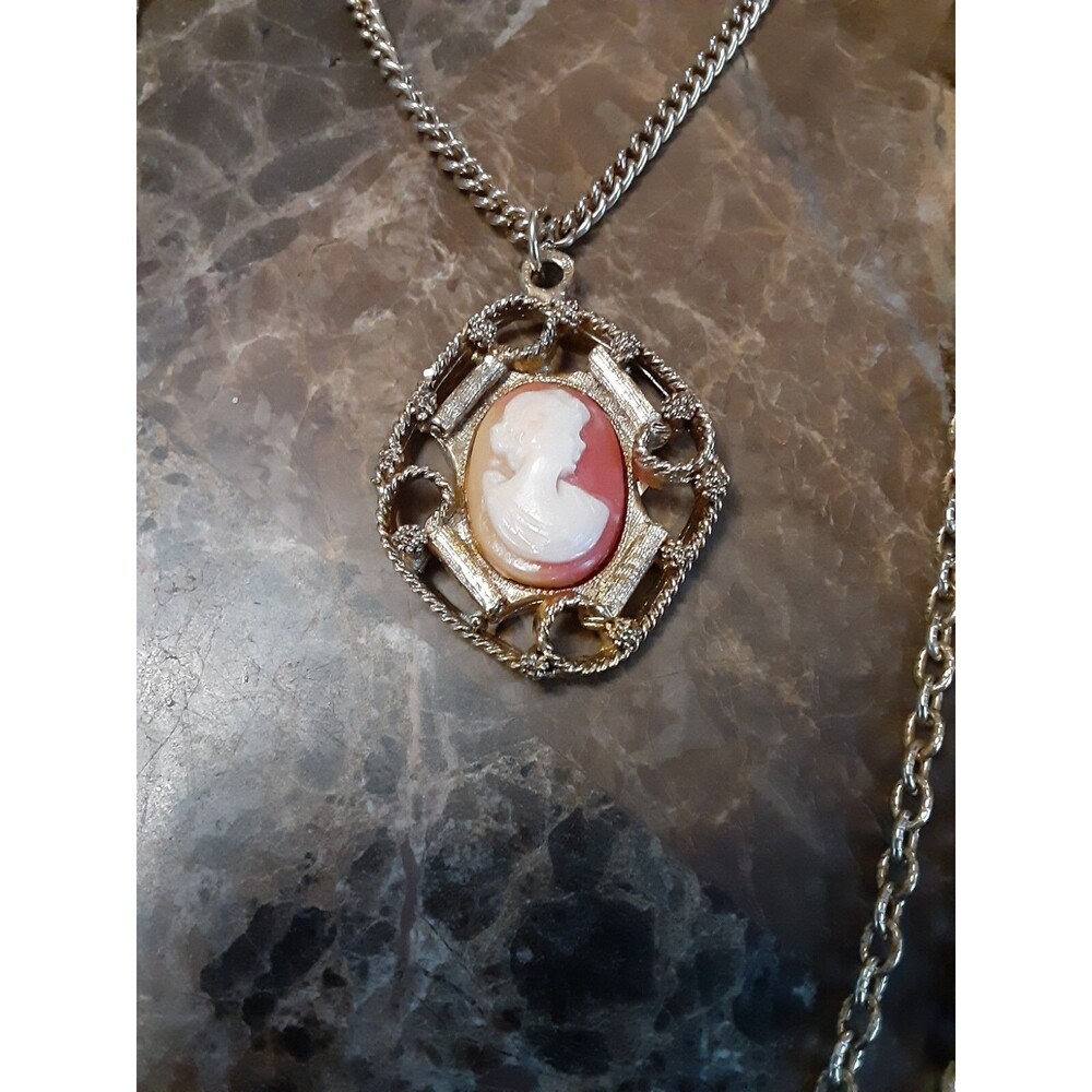 Shell Cameo Necklace Vintage Multistrand Pendant Gold Tone Unique Three Strand
